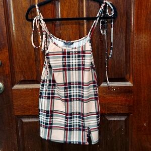 Shein Tan Plaid Mini Tie Dress (Almost Famous Sweater Jumper Set Not Included)